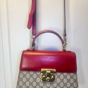 Gucci Padlock GG Supreme Red Pink Leather Top Handle Shoulder Crossbody Bag